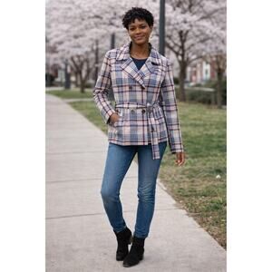 Tommy Hilfiger Plaid Rain Jacket Belted Double Breasted Preppy Size M Preppy